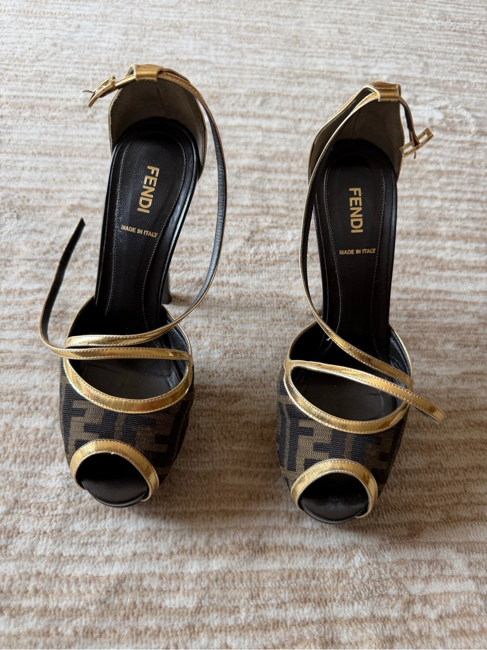 Fendi Women's Gold Trim Zucca Ankle-Strap Peep-Toe Heels